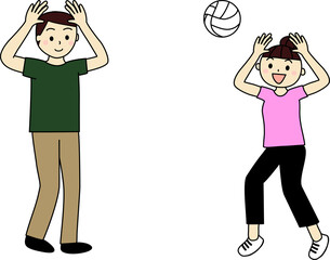 バレーボールのオーバーハンドパスをする男女(夫婦 カップル 同僚など)