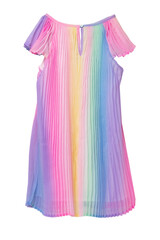 Summer dress isolated. Closeup of a beautiful light pastel rainbow colored baby girl dress isolated on a white background. Children spring fashion. Macro. Back view.