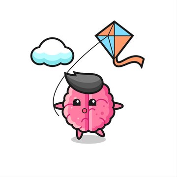 brain mascot illustration is playing kite