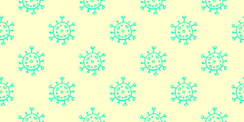 Seamless pattern of molecules, cells of virus, bacteria. Pandemic, epidemic covid-19. Primitive concept of chemistry, microorganisms, science research. Vector texture in outline doodle style isolated