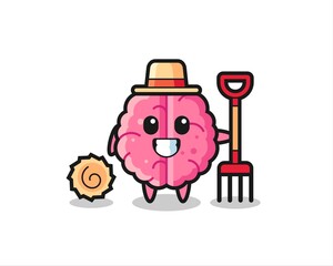 Mascot character of brain as a farmer