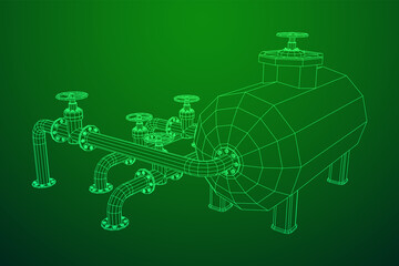 Oil tank storage of flammable materials and pipeline with valve. Finance economy polygonal petrol production. Petroleum fuel industry transportation line. Wireframe low poly mesh vector illustration.