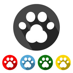 Paw Flat Style Icon with Long Shadow. Paw icon vector illustration design element with four color variations. Cute pet vector illustration. All in a single layer. Elements for design.