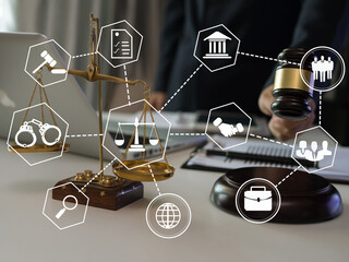 Male lawyer or judge consult having team meeting with client, Law and Legal services concept with icons lawyer