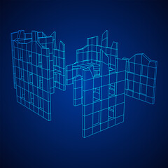 Destroyed building ruin and concrete, war destruction concept. Wireframe low poly mesh vector illustration.