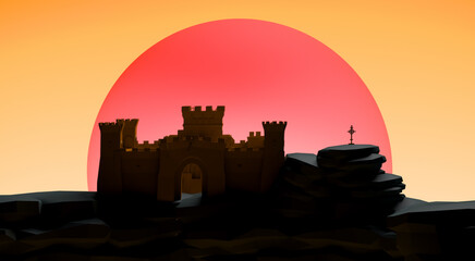 Fototapeta na wymiar Abstract sunset with ruined old castle. Banner. Background. 3D illustration.