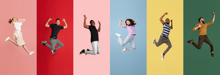 Portraits of group of people jumping isolated on colored background, collage.