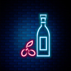 Glowing neon line Bottle of olive oil icon isolated on brick wall background. Jug with olive oil icon. Colorful outline concept. Vector