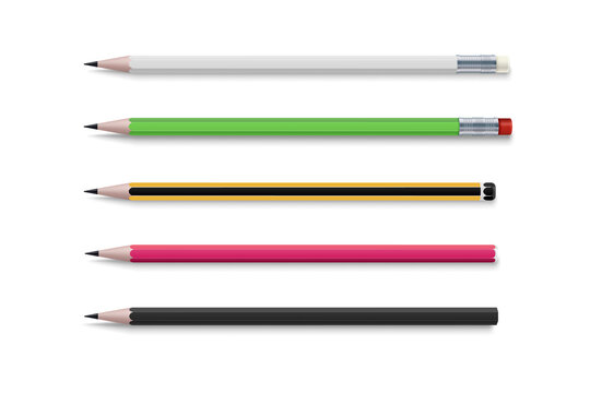 Realistic bright. 3d pencil set for paper design. Realistic vector set of classic simple wooden graphite pencils.