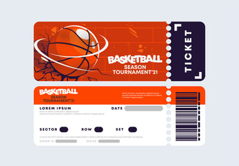 vector illustration, entrance ticket template for a basketball tournament, a brick wall broken by a basketball ball, a crack in the wall, the season of the national basketball tournament - obrazy, fototapety, plakaty