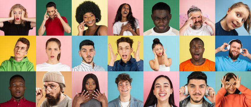 Composite image of surprised people isolated over multicolored background. Web banner