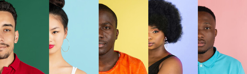 Cropped portraits of group of people on multicolored background, collage.