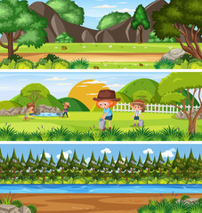 Different panoramic nature landscape set with cartoon character