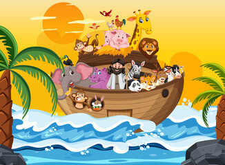Noah's Ark with animals in the ocean scene