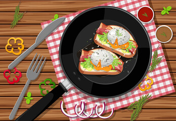 Breakfast bruschetta in a pan on the table background