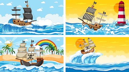 Set of Ocean with Pirate ship at different times scenes  in cartoon style