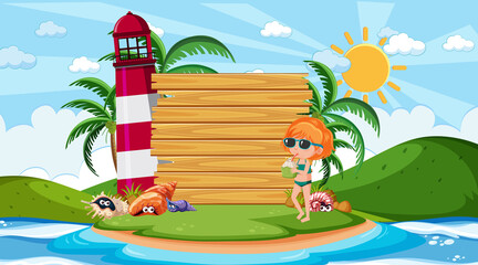 Empty wooden banner template with kids on vacation at the beach daytime scene