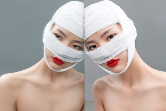Beautiful woman look in the mirror wearing a bandage