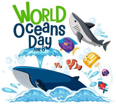 World Ocean Day banner with many different sea animals