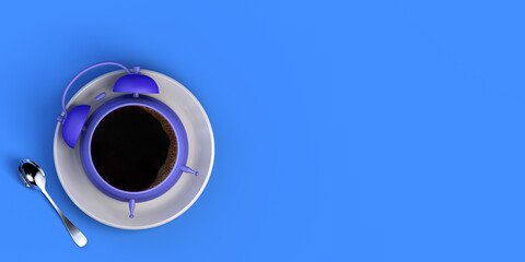 Time to wake up. Coffee clock concept with teaspoon. Banner. 3d illustration. Copy space.