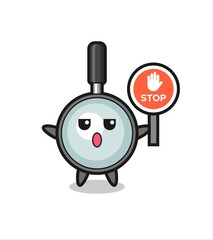 magnifying glass character illustration holding a stop sign