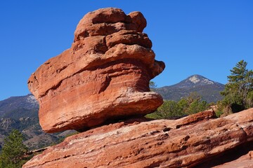 View of the Balanced Rock red rock formation in the Garden of the Gods park in Colorado Springs,...
