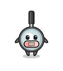 Cartoon Illustration of magnifying glass with tape on mouth