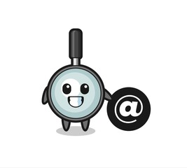 Cartoon Illustration of magnifying glass standing beside the At symbol
