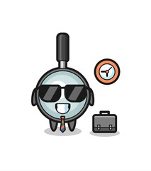 Cartoon mascot of magnifying glass as a businessman