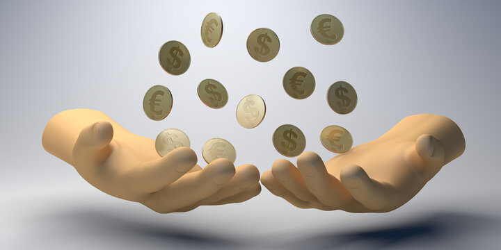 Philanthropy banner. Hands holding coins. Charity. Donation. 3d illustration.