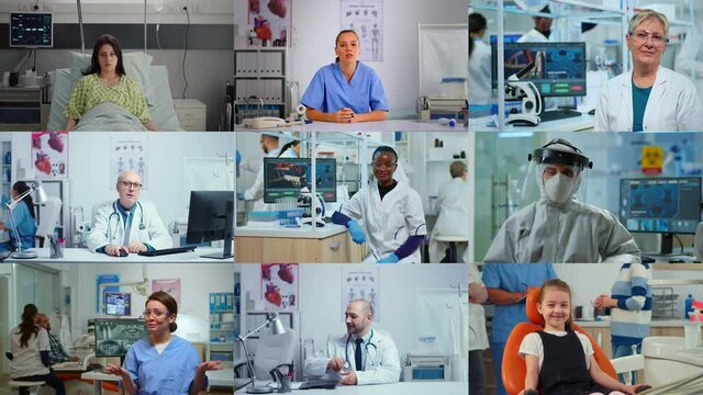 Medical science related collage of diverse multi cultural people working in laboratory, hospital or hospital ward. Different diverse multi ethnic faces looking and smiling at the camera