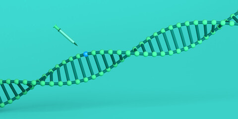 DNA chain on  with syringe for vaccine. Abstract molecule sequence. Background. Banner. 3d illustration.