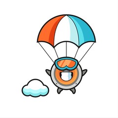 loudspeaker mascot cartoon is skydiving with happy gesture