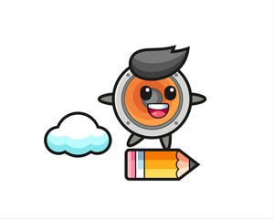 loudspeaker mascot illustration riding on a giant pencil
