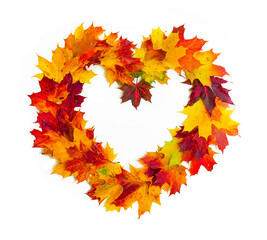 Naklejka na ściany i meble Creative colorful wreath in form of heart isolated on white background made of natural maple leaves of autumn season in yellow, orange, burgundy, green.