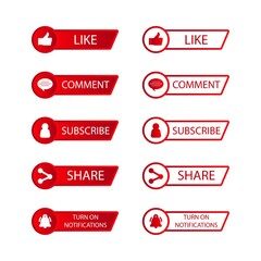 Subscriber button collection vector design. Red and white color subscriber button collection. Social media button elements with like, share, bell icon, and comment sections.