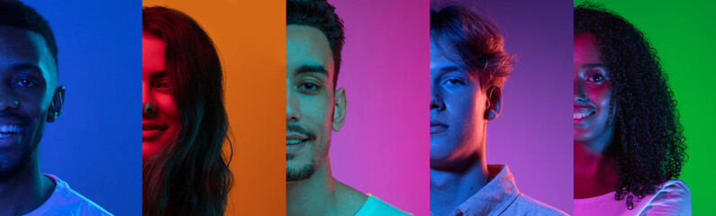 Cropped portraits of group of people on multicolored background in neon light, collage.