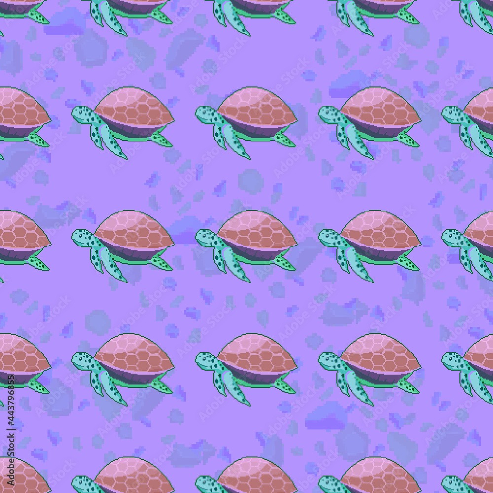 Poster Pixel turtle. Seamless pattern. Pixel art 8 bit. 