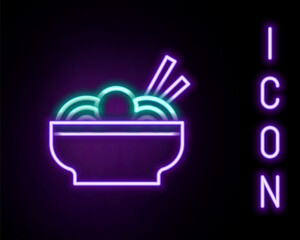Glowing neon line Asian noodles in bowl and chopsticks icon isolated on black background. Street fast food. Korean, Japanese, Chinese food. Colorful outline concept. Vector