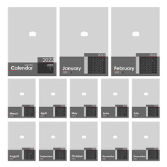 Fototapeta na wymiar Wall Monthly Photo Calendar 2022. Simple monthly vertical photo calendar Layout for 2022 year in English. Cover Calendar, 12 months templates. Week starts from Sunday. Vector illustration