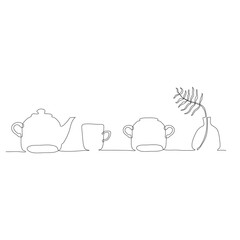 Vector illustration of still-life. Tea cup, teapot, sugar bowl and palm leaf in vase. Modern one line art