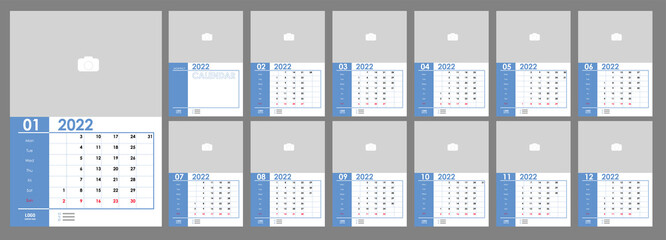 Wall Monthly Photo Calendar 2022. Simple monthly vertical photo calendar Layout for 2022 year in English. Cover Calendar, 12 months templates. Week starts from Monday. Vector illustration