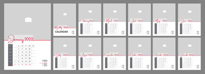 Wall Monthly Photo Calendar 2022. Simple monthly vertical photo calendar Layout for 2022 year in English. Cover Calendar, 12 months templates. Week starts from Monday. Vector illustration