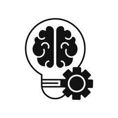 Brain in light bulb with gear black symbol. Creative idea. Flat Design
