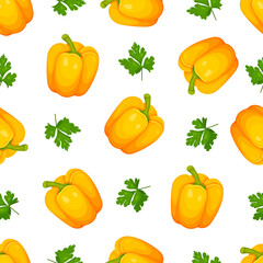 seamless pattern of sweet paprika, peppercorns yellow Bulgarian pepper and parsley isolated on white background. Vector illustration of vegetables. cooking patterns with fresh vegetables