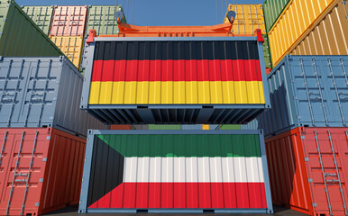 Container Terminal. Two cargo Container with Germany and Kuwait flags. 3D Rendering