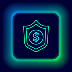 Glowing neon line Shield with dollar symbol icon isolated on black background. Security shield protection. Money security concept. Colorful outline concept. Vector