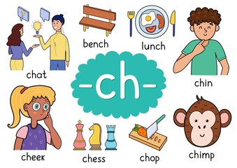 Ch digraph spelling rule educational poster for kids with words. Learning phonics for school and preschool. Phonetic worksheet. Vector illustration - obrazy, fototapety, plakaty