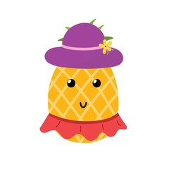 Summer pineapple girl in hat and skirt. Cute print for kids. Cartoon fruit character. Vector illustration