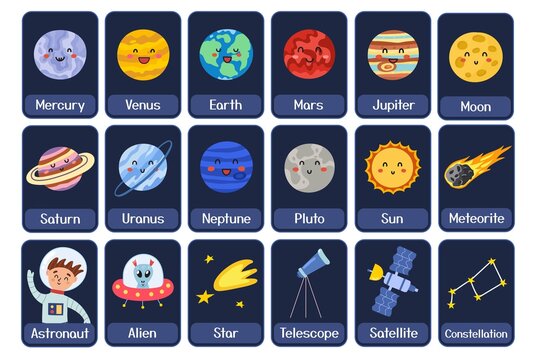 Space cards for kids. Educational flashcards with planets and other cosmic elements. Preschool activity. Vector illustration